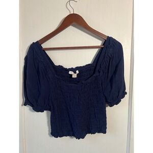 Monteau‎ Los Angeles Navy Blue Smocked Puff Sleeve Square Neck Crop Top XL